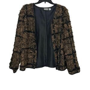 Chicos Silk Mesh Textured Fringe Jacket Boho Artsy Neutral Statement Sequin M